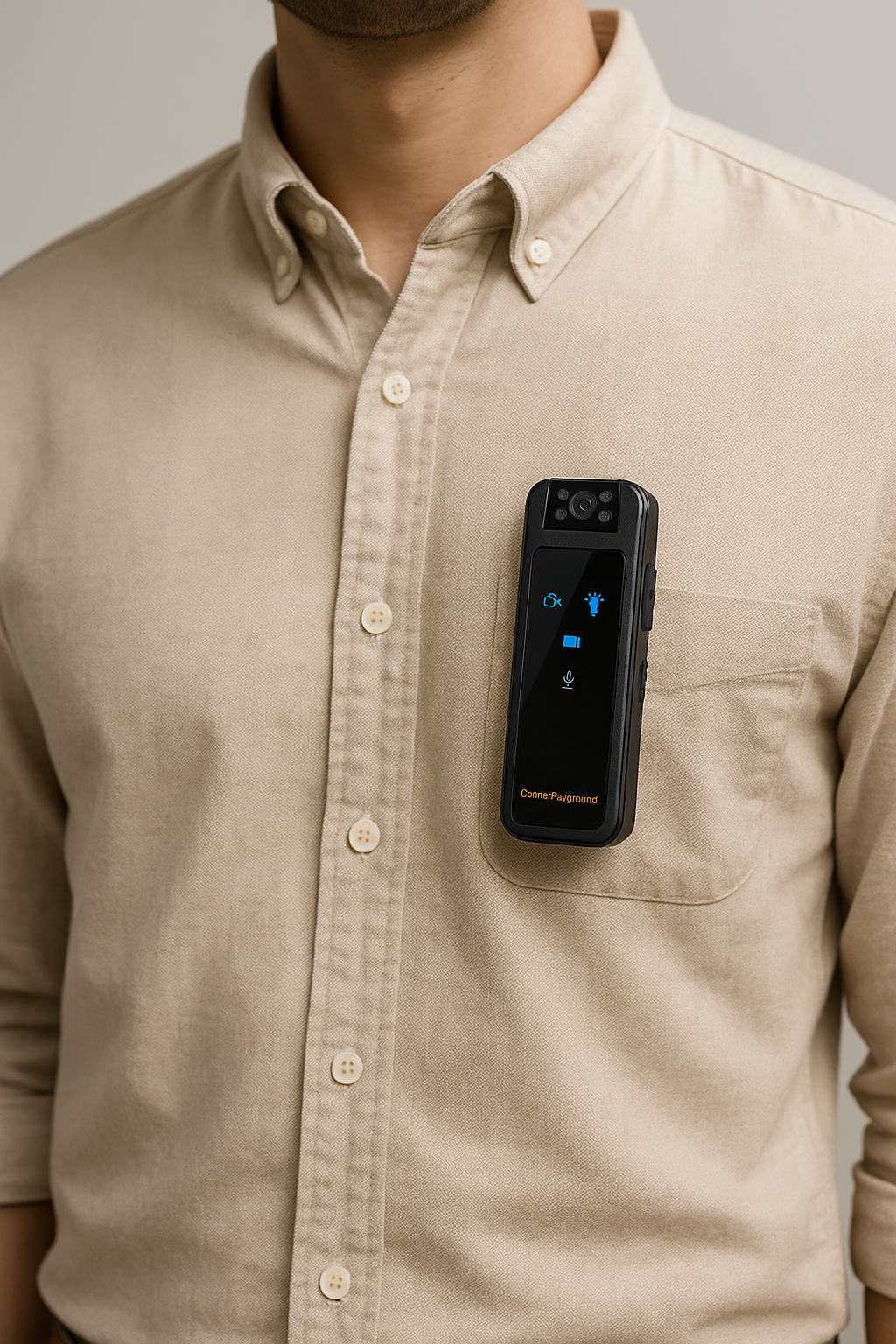creatorplayground-clip-camera-lifestyle-shirt-button.
Clip-on 1080p mini body camera attached to a button-down shirt pocket, lifestyle view
Use: Lifestyle