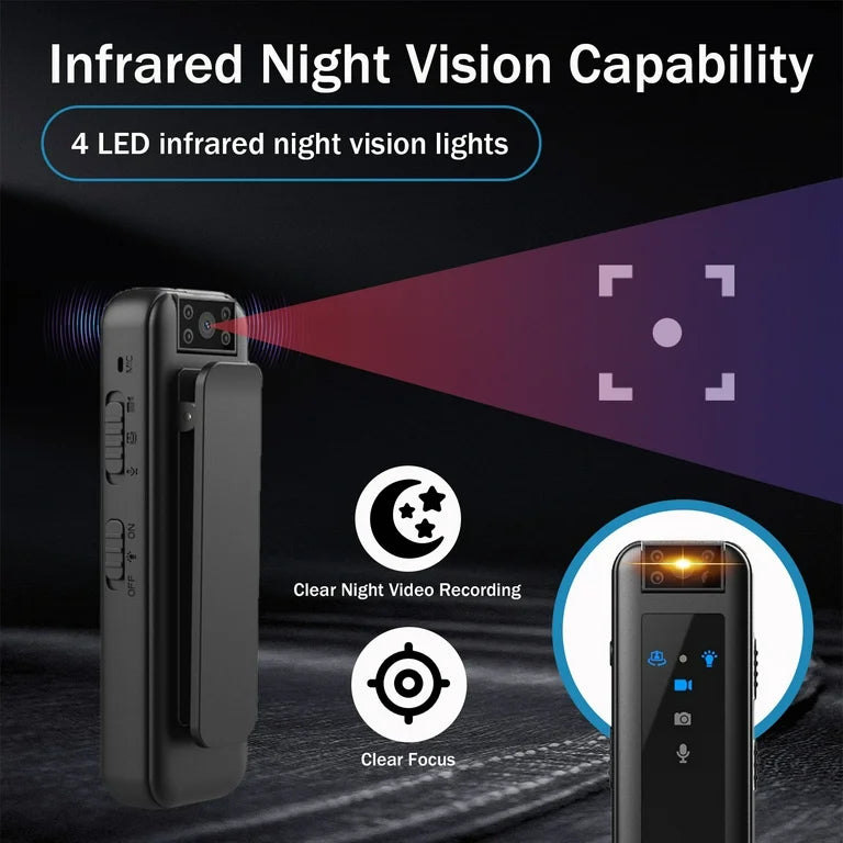 Clip-on body camera showing infrared night vision with 4 IR LEDs for clear low-light video