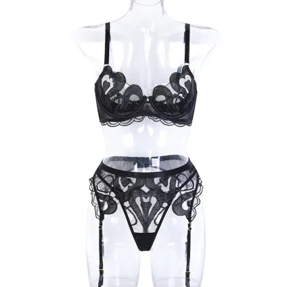 Ghost mannequin: heart-embroidered mesh bra, garter belt and thong, black