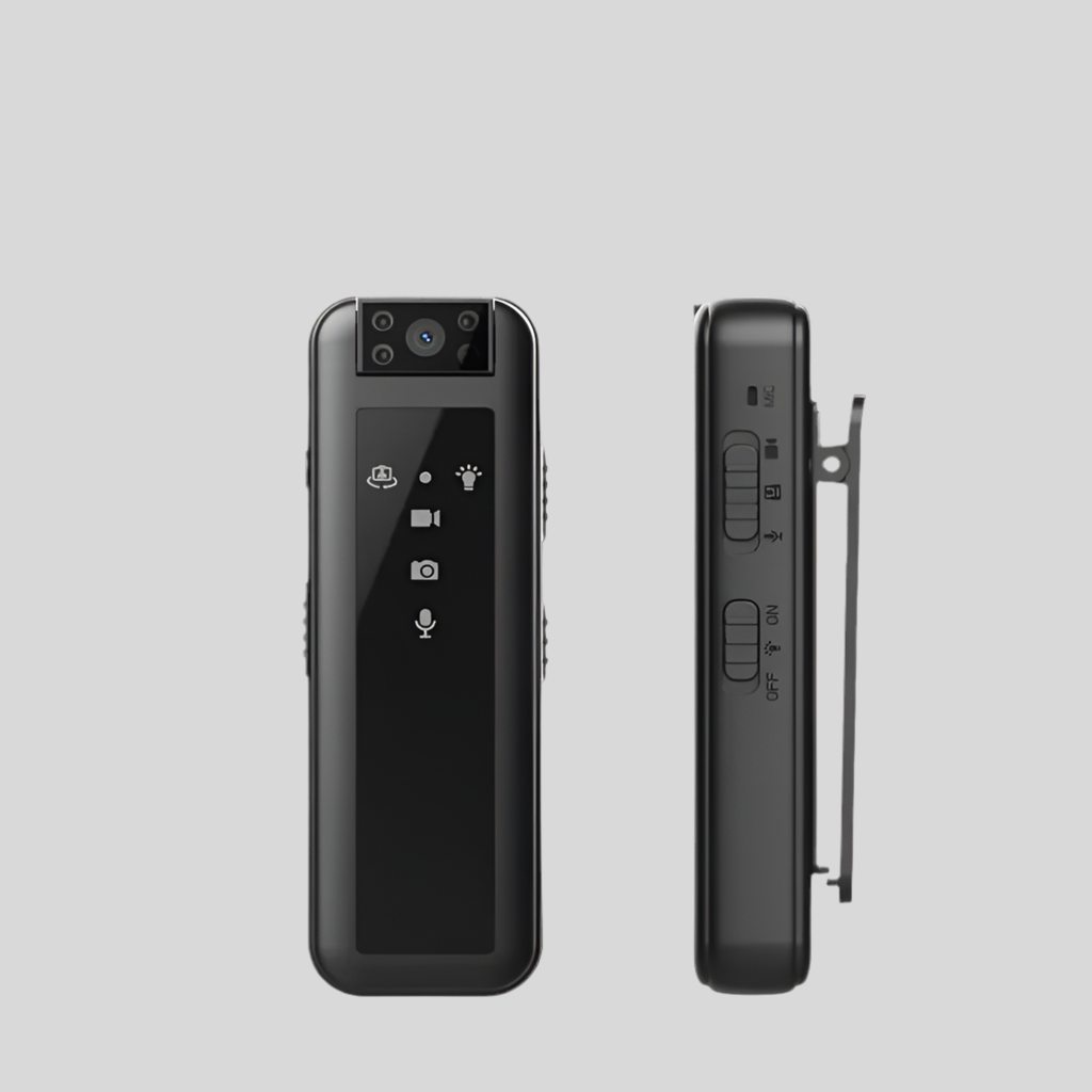Front, side and clip views of CreatorPlayground 1080p clip-on body camera