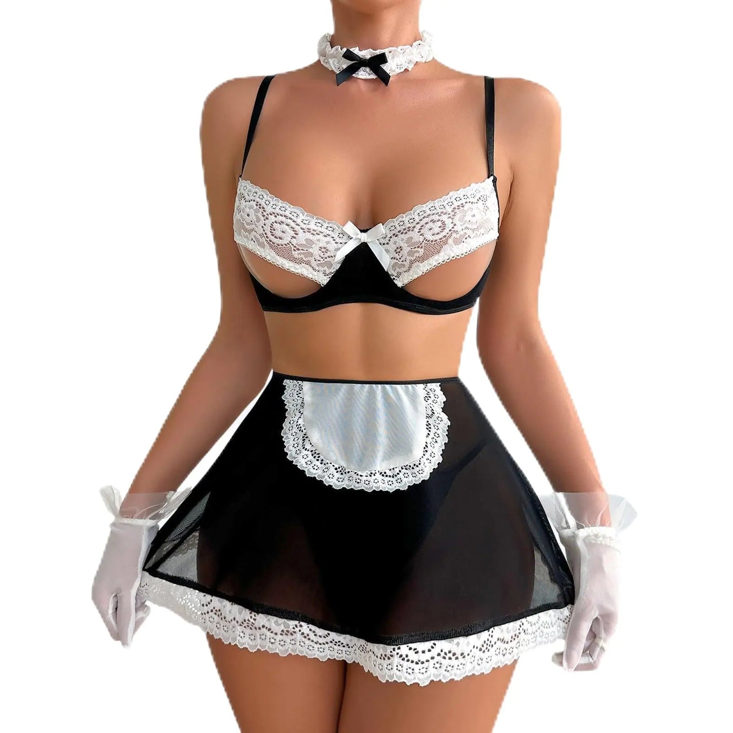 Sexy French Maid Lingerie for Women Adult Cosplay Uniform Costume Teddy Apron Lolita Skirt Lingerie Set Cute Anime Lingerie Sets Sexy Bra and Panty Set Costume Cosplay Bikinis for Women Black