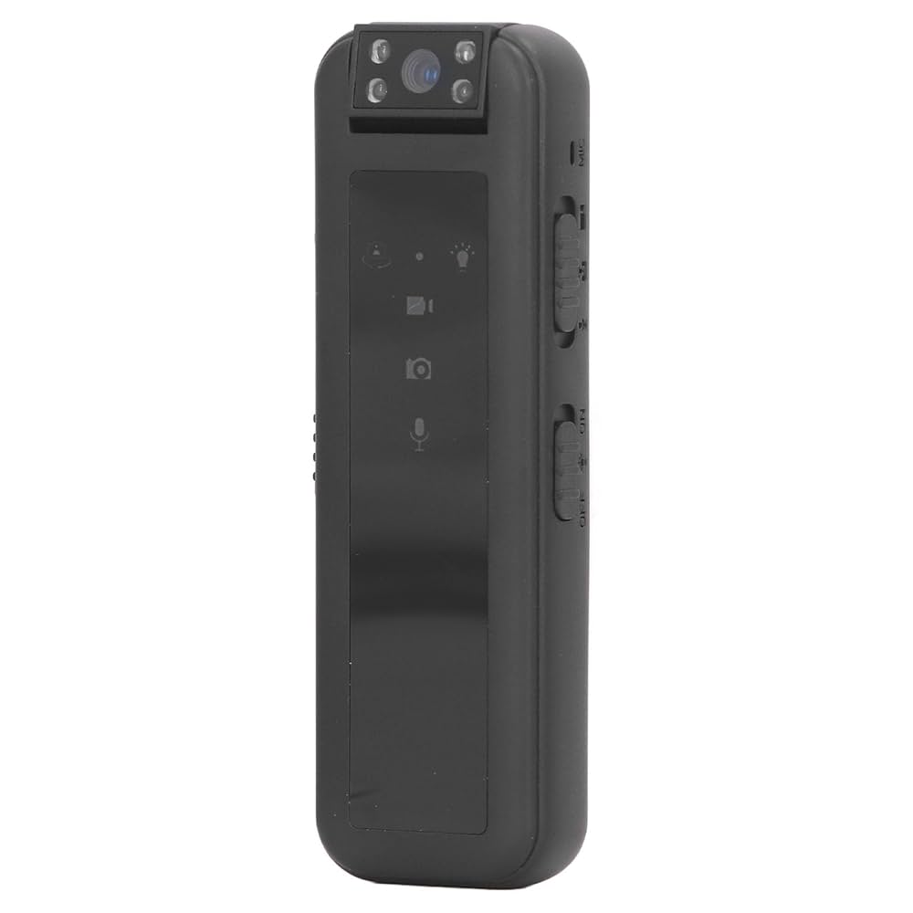 CreatorPlayground 1080p clip-on mini body camera, front view with rotating lens and status icons