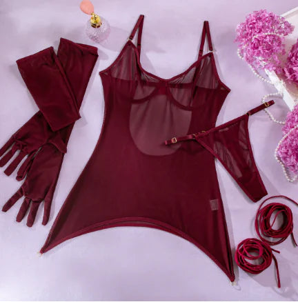 Midnight Lady Lace Lingerie Set with Gloves (Three Pieces)