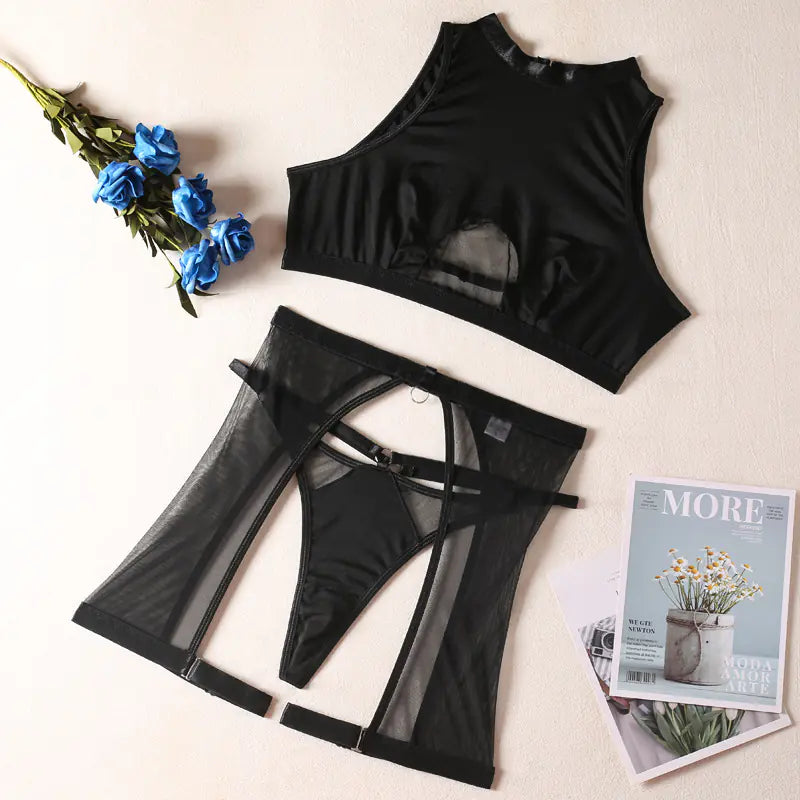 Fashionable Black Wireless Lingerie Set - 3 Pieces