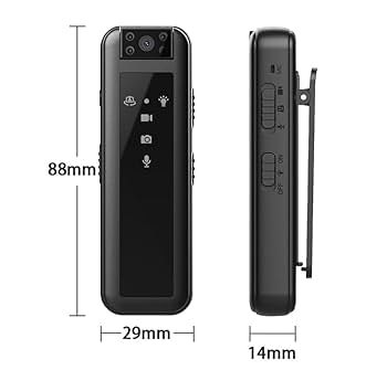 1080p clip body camera dimensions 88×29×14 mm with side profile and back clip