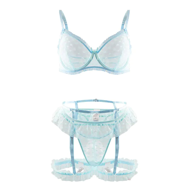 Heart Pattern Mesh Lingerie Set with Ruffle Bra & Thong