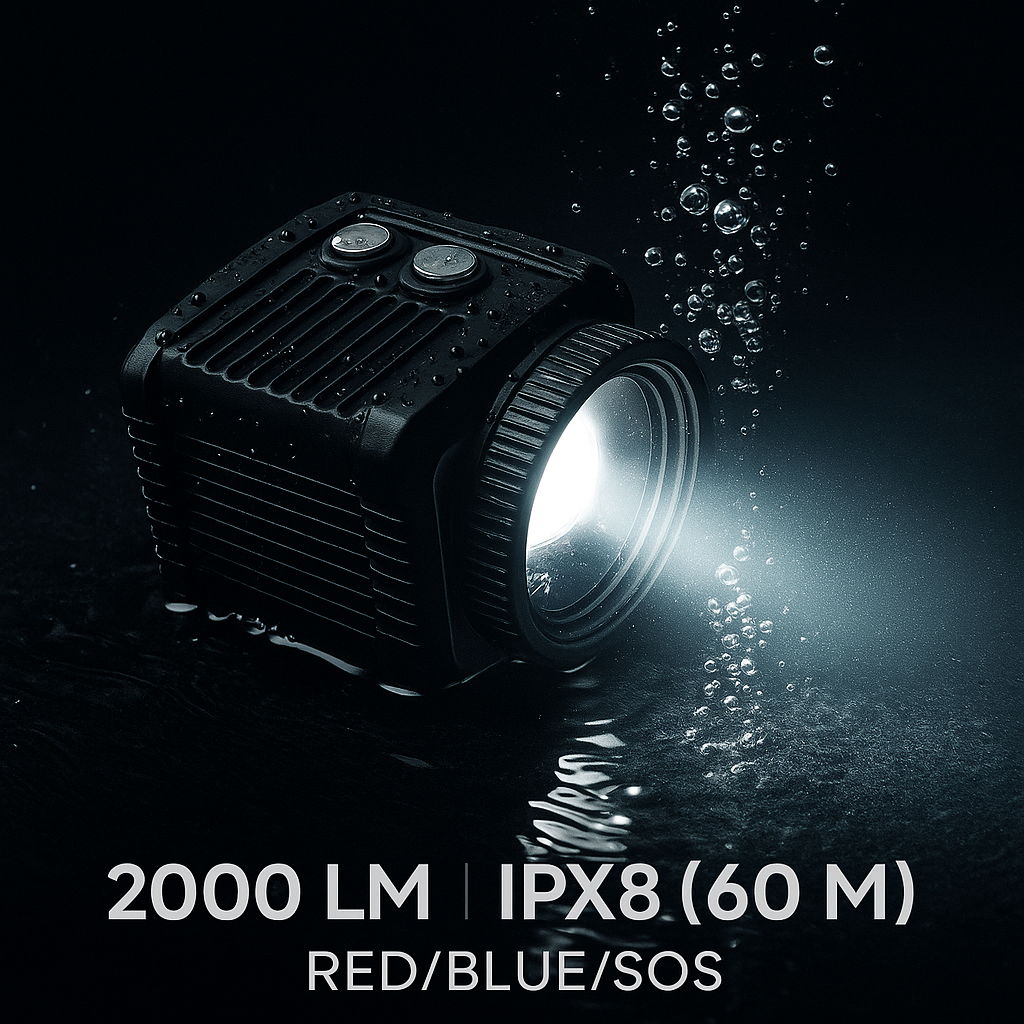 Compact IPX8 60 m waterproof LED video light with 2000 lumens on dark water