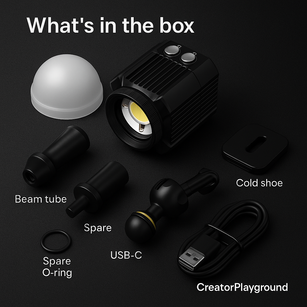 What’s in the box: “LED light, diffuser dome, beam tube, ball mount, cold-shoe adapter, USB cable, spare O-ring