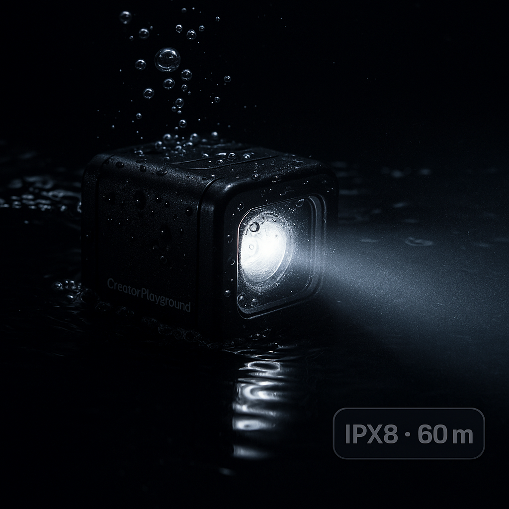 LED light half-submerged with bubbles and bright beam, IPX8 60 m rating