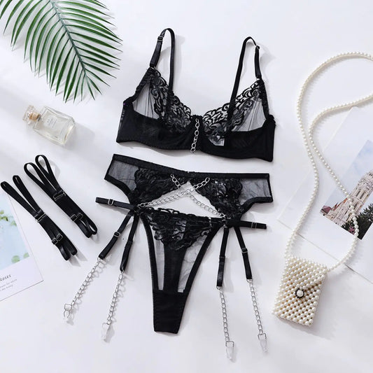 Dnika Lingerie Set with Embroidery and Metal Chains