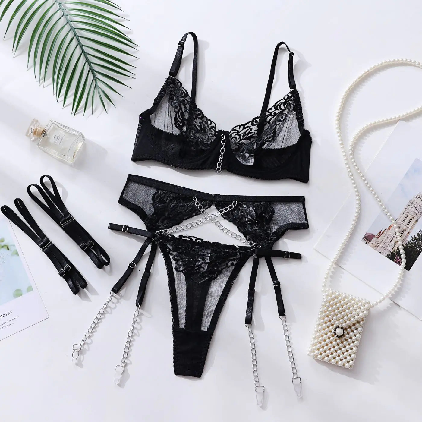 Dnika Lingerie Set with Embroidery and Metal Chains