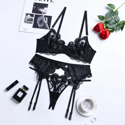 Midnight Heart Embroidered Mesh 3-Piece Garter Set (Bra + Thong + Belt)