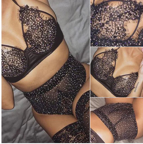 Lace and Mesh Rhinestone Lingerie Bikini Set
